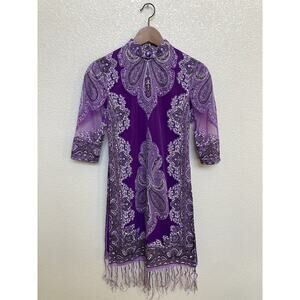 Vintage womens S purple batik indian tunic mock neck fringe side slit sheer boho